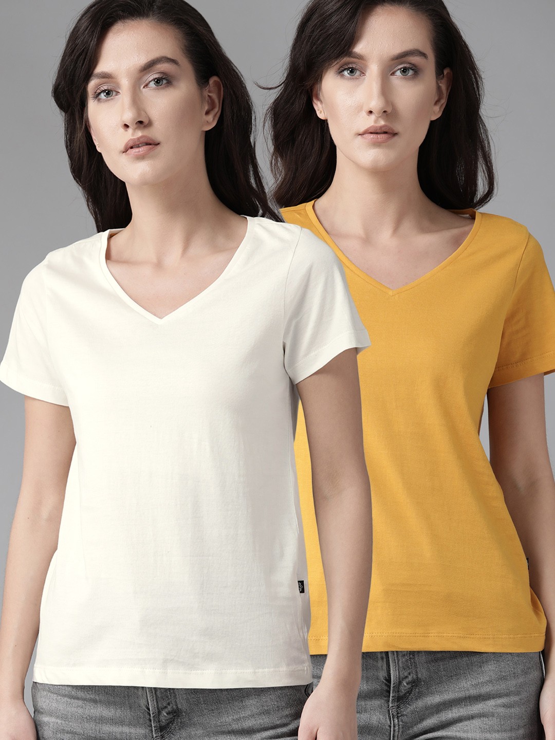 

Roadster Women Pack Of 2 Solid V-Neck Pure Cotton T-shirts, Mustard