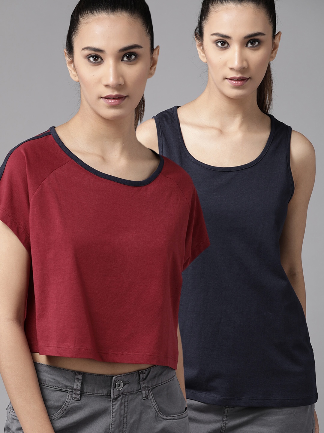 

Roadster Women Pack Of 2 Solid Round Neck Pure Cotton T-shirt, Maroon