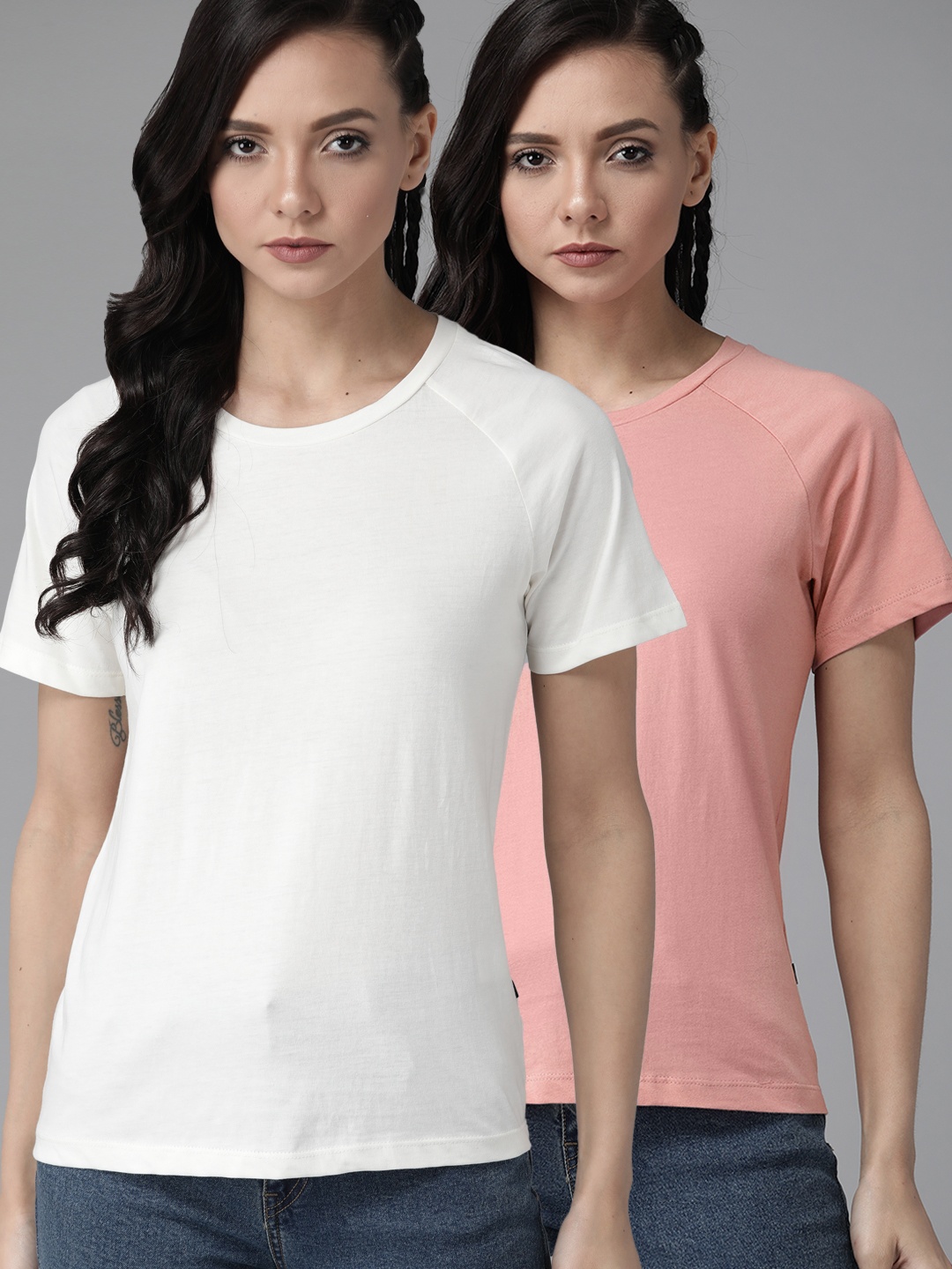 

Roadster Women Pack of 2 Solid Pure Cotton Round Neck T-shirts, White