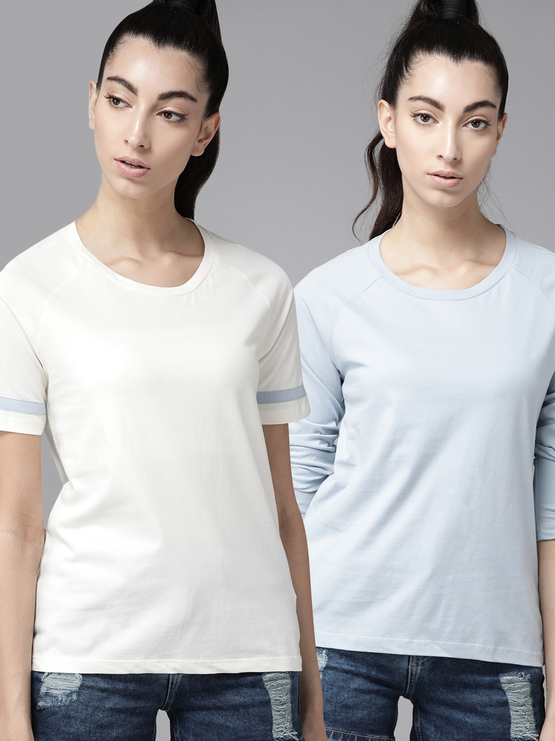 

Roadster Women Pack of 2 Pure Cotton Solid Round Neck Pure Cotton T-shirt, Off white