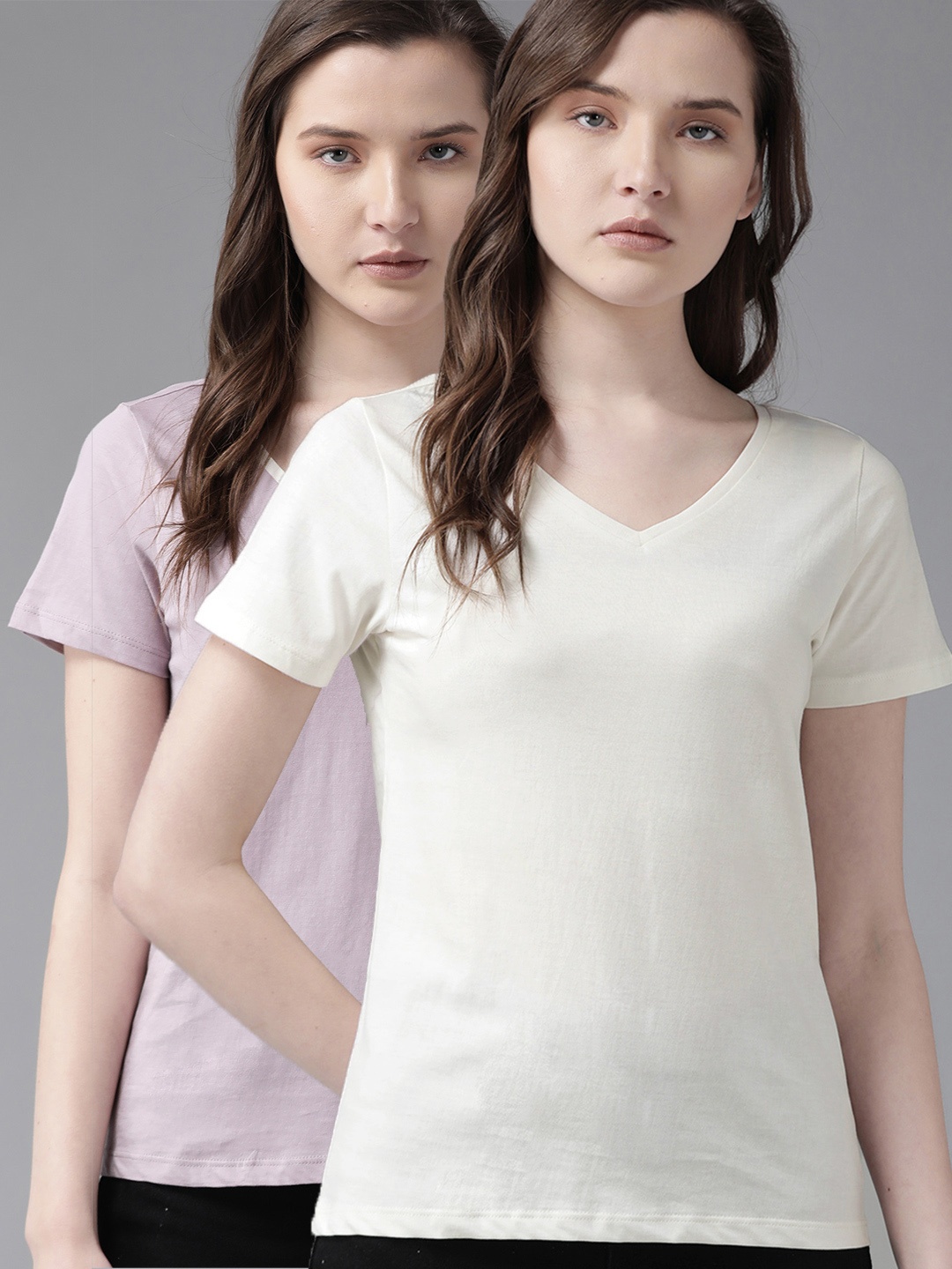 

Roadster Women Pack of 2 Solid Pure Cotton V-Neck Pure Cotton T-shirts, Cream