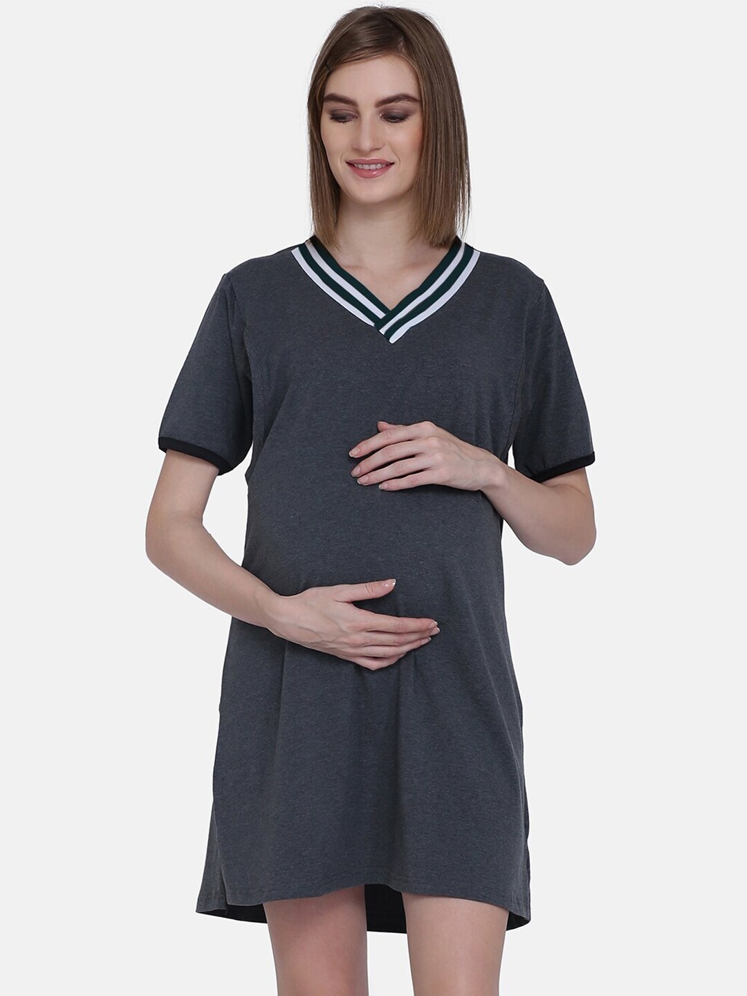 

MAMMA PRESTO Charcoal Grey Solid Pure Cotton Feeding Sleep Shirt