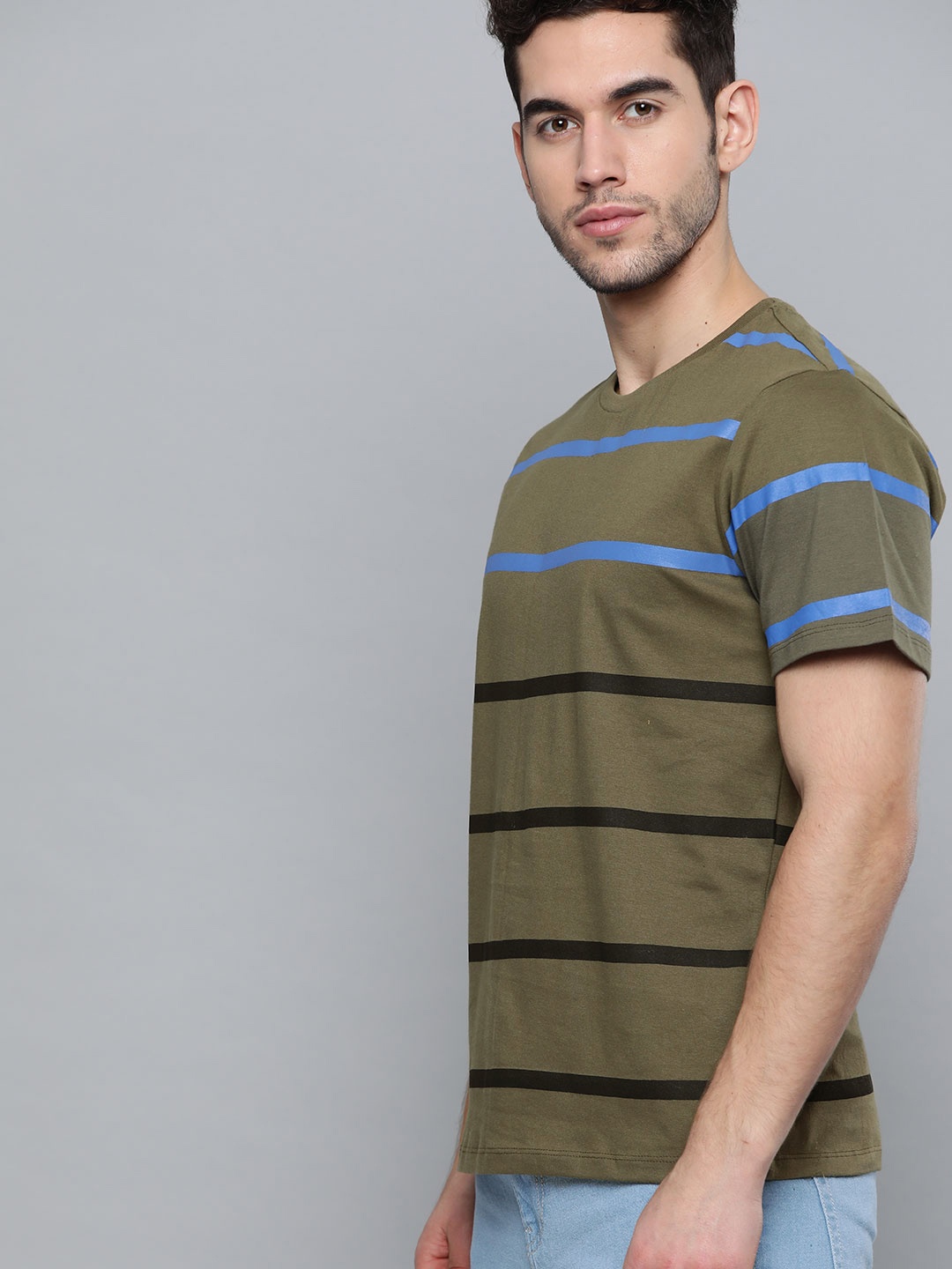 

Harvard Men Olive Green Striped Pure Cotton T-shirt