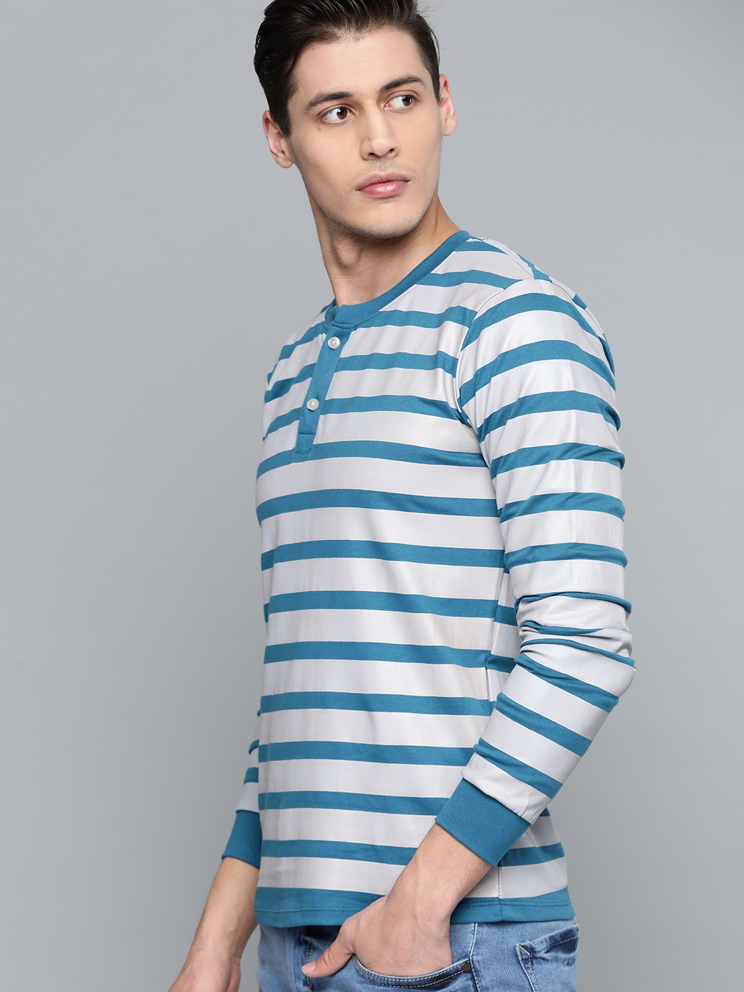 

Harvard Men Teal Blue & Grey Henley Neck T-shirt