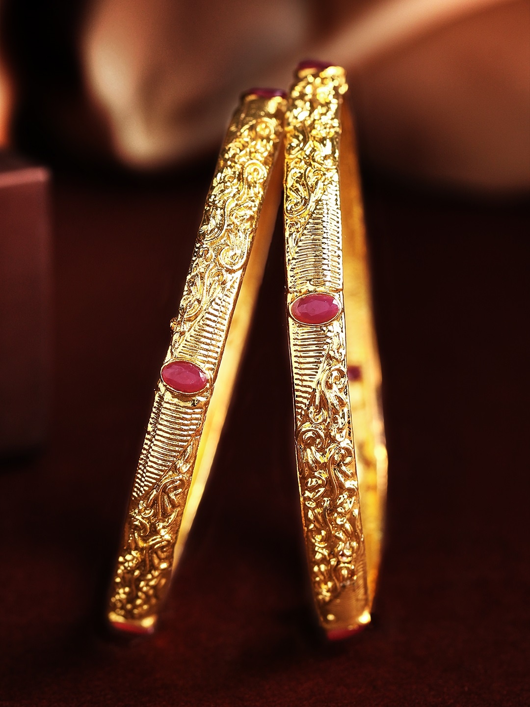 

Rubans Set Of 2 Gold-Plated Faux Ruby Handcrafted Bangles