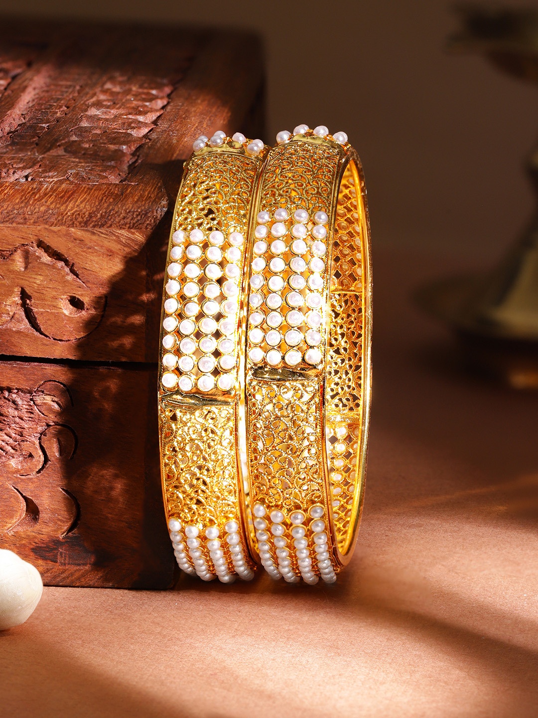 

Rubans Set Of 2 Gold-Plated & White Pearl-Studded Filgree Handcrafted Bangles