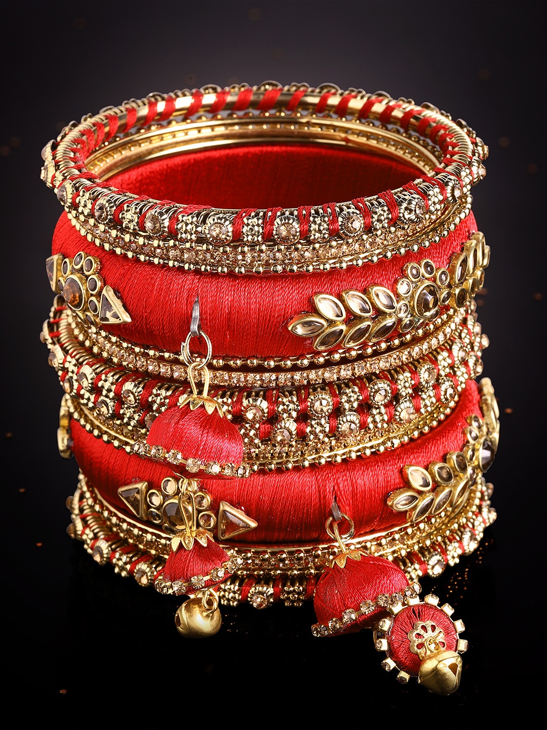 

Rubans Set Of 18 Red & Gold-Toned Stone-Studded Thread Handcrafted Bangles