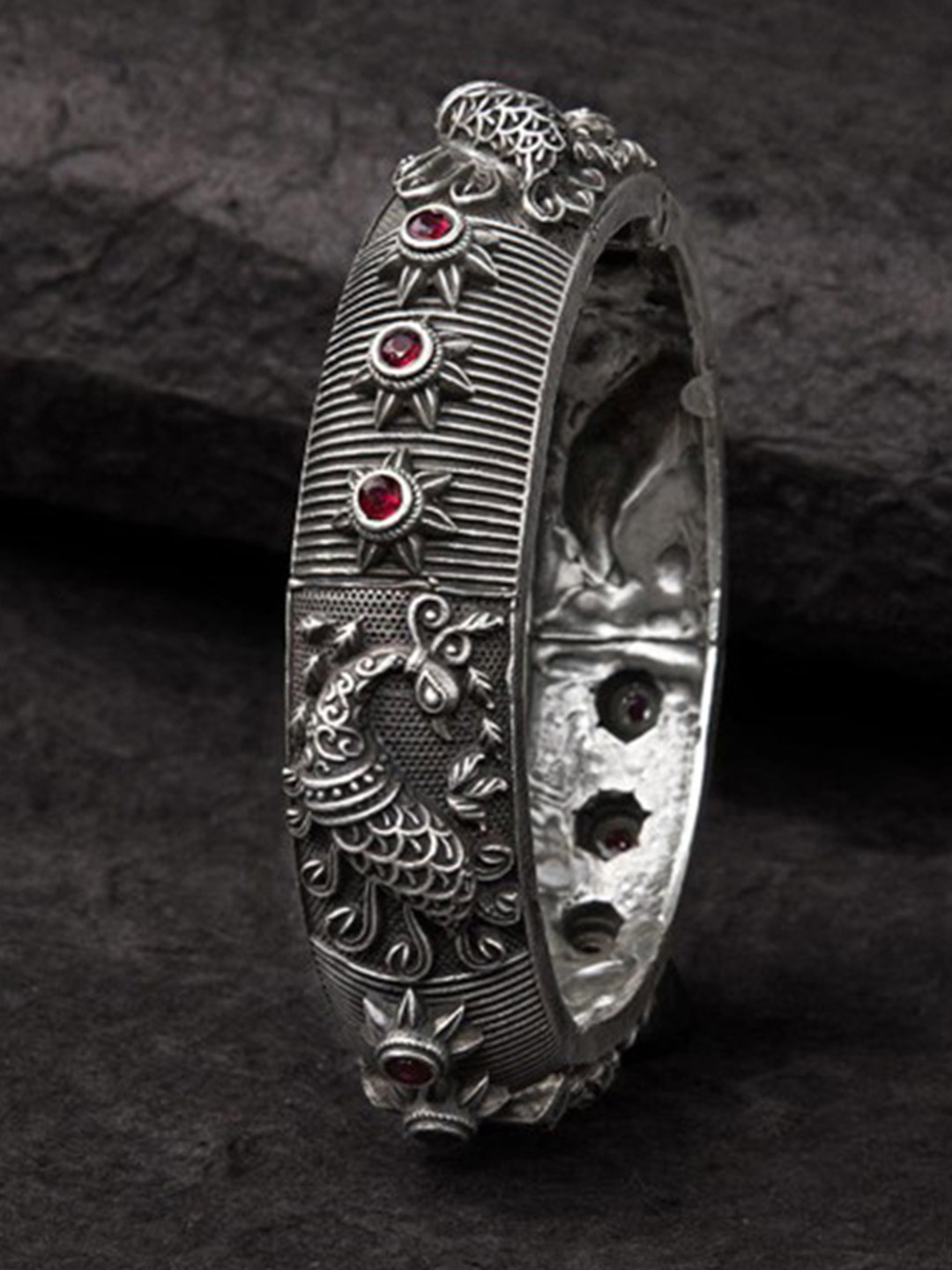 

Rubans Oxidized Silver-Plated & Red Stone-Studded Handcrafted Filgree Bangles