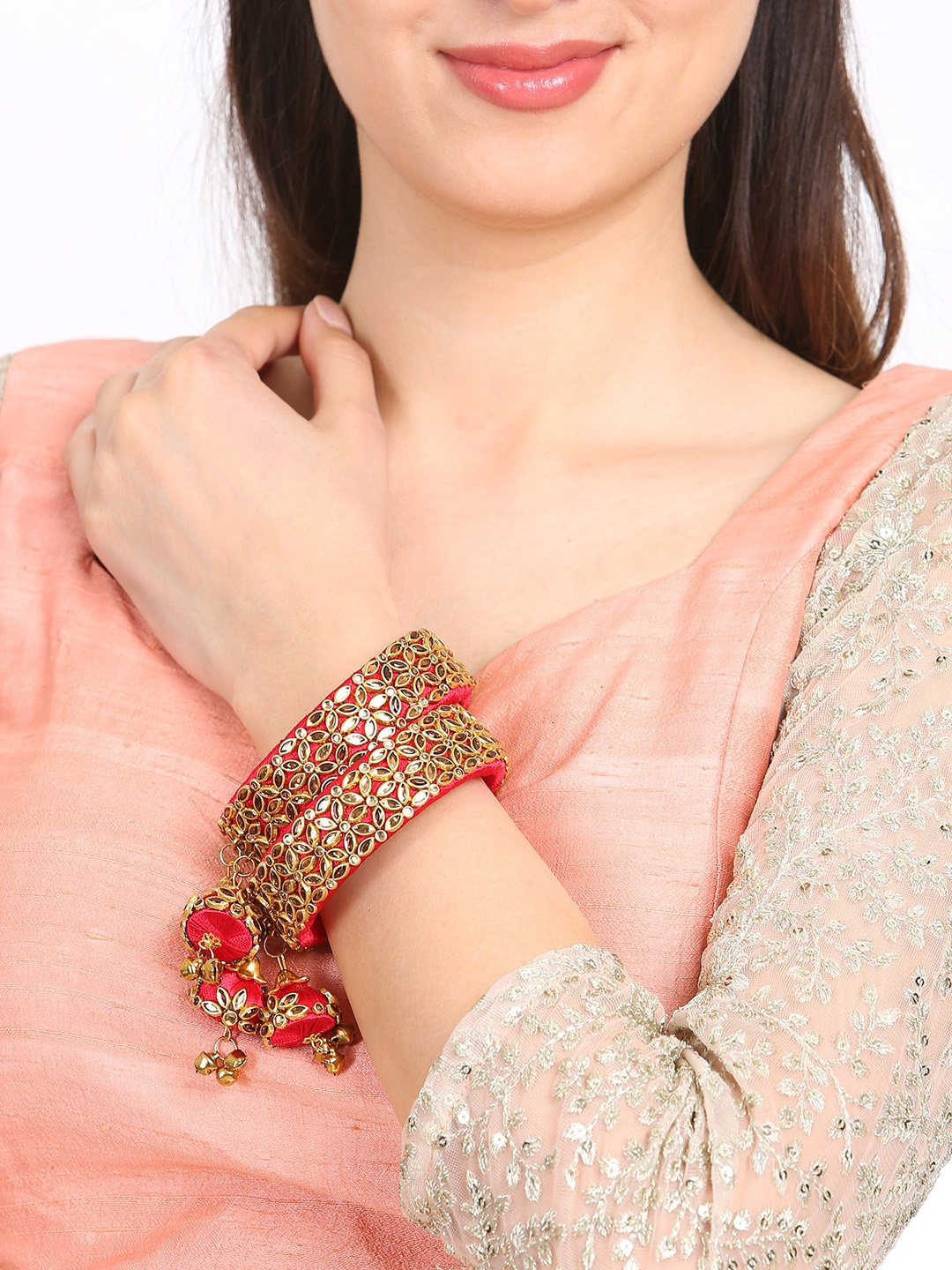 

Rubans Set Of 2 Gold-Plated Red & Beige Stone-Studded Handcrafted Dangler Bangles