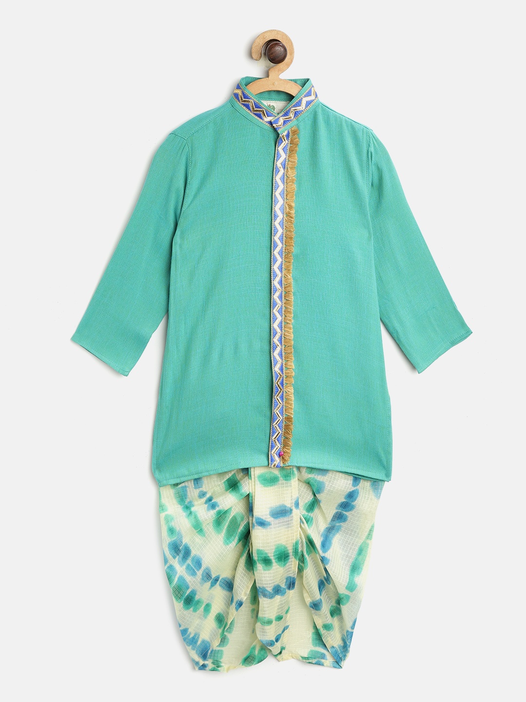

Cute Couture Boys Sea Green & Off-White Solid Kurta with Dhoti Pants
