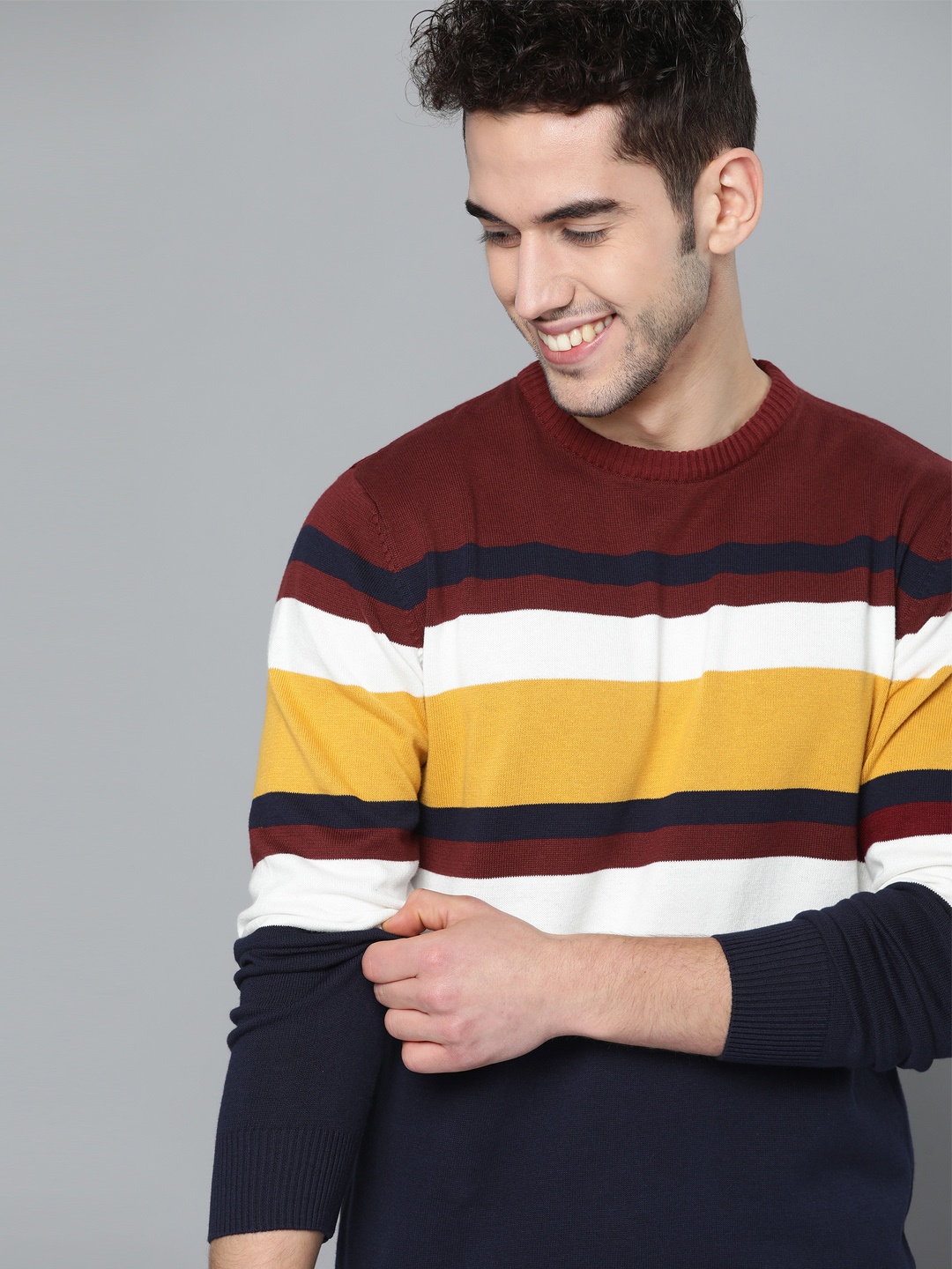 

Mast & Harbour Men Burgundy & Navy Blue Striped Pullover