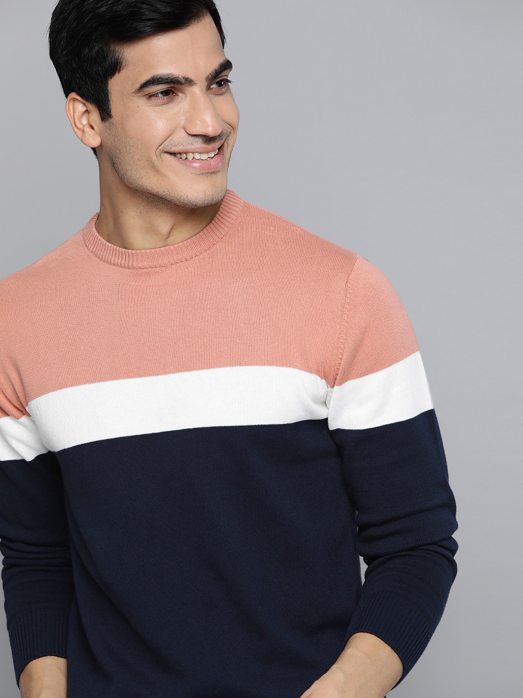 

Mast & Harbour Men Peach-Coloured & Navy Pure Cotton Colourblocked Pullover