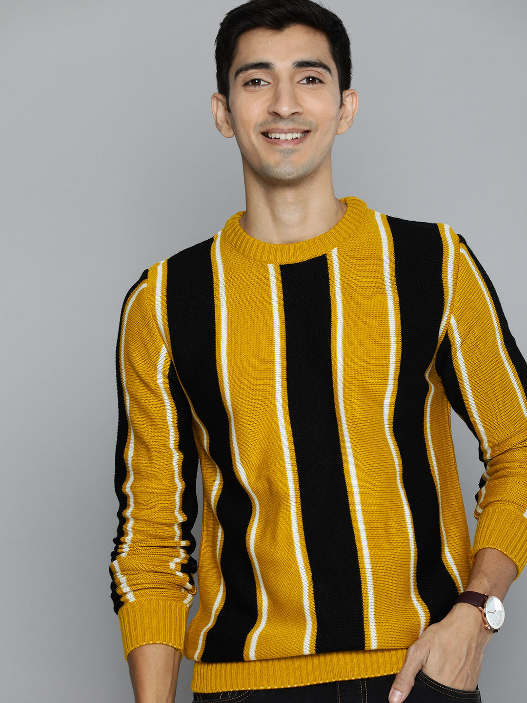 

Mast & Harbour Men Mustard Yellow Colourblocked Pullover Acrylic Sweater
