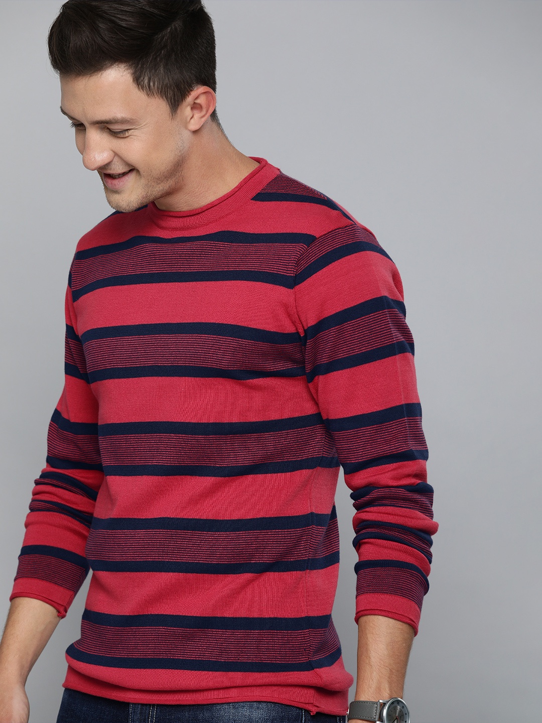 

Mast & Harbour Men Red Striped Pullover Sweater