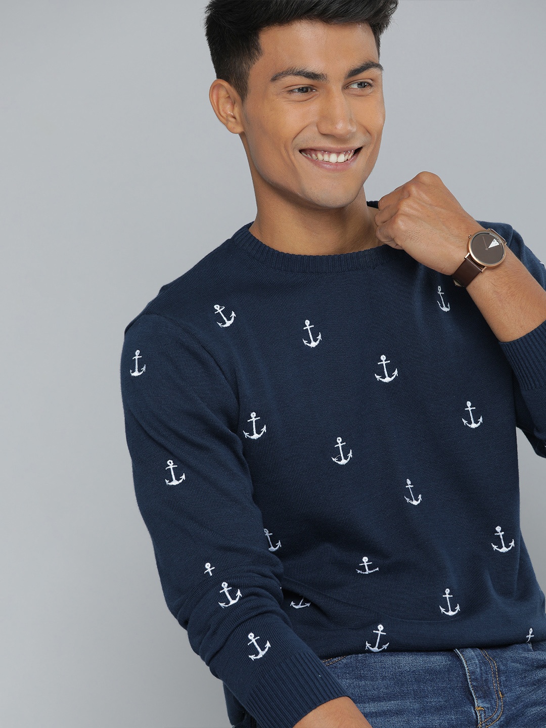 

Mast & Harbour Men Navy Blue Printed Pullover Sweater