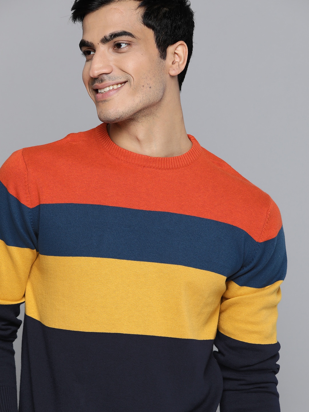 

Mast & Harbour Men Orange & Blue Pure Cotton Striped Pullover