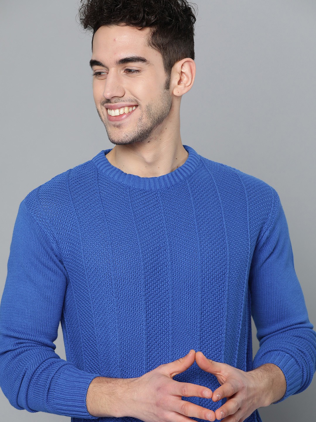 

Mast & Harbour Men Blue Self-Striped Pullover
