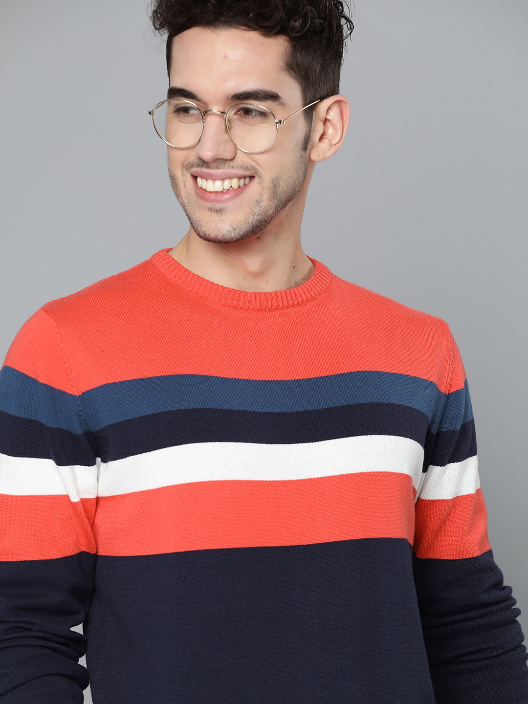 

Mast & Harbour Men Coral Orange & Navy Blue Striped Pullover