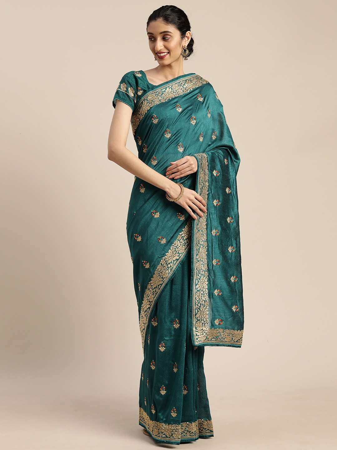 

Om Shantam Sarees Turquoise Blue & Gold-Toned Poly Crepe Embroidered Saree