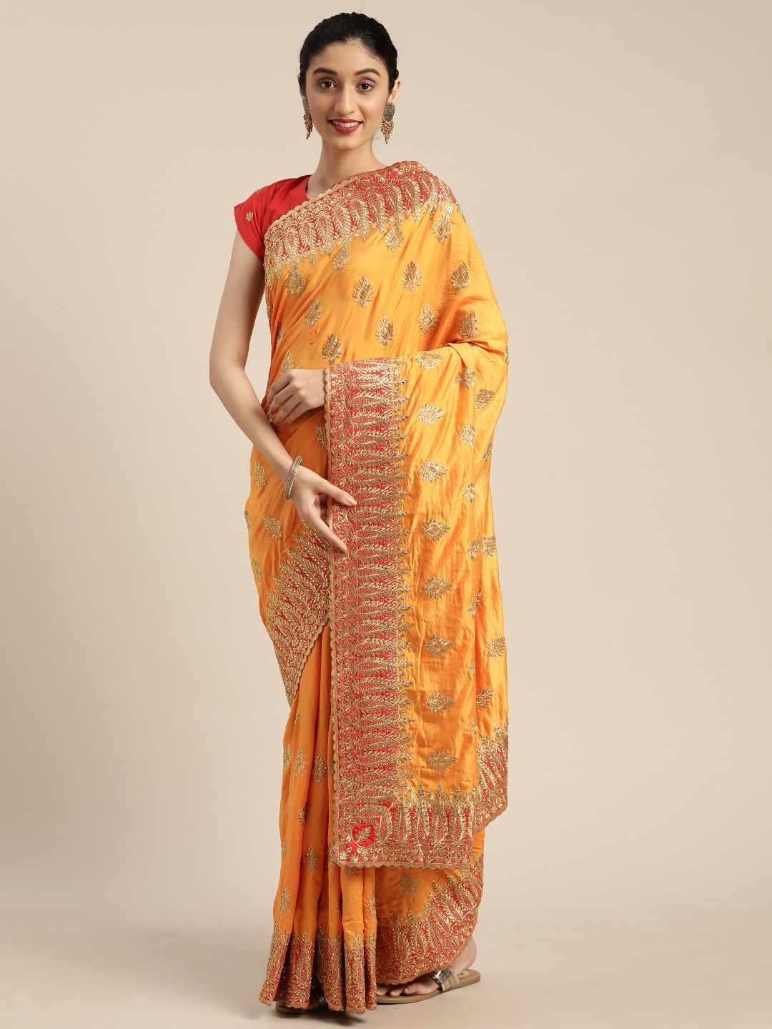 

Om Shantam Sarees Mustard Yellow & Gold-Toned Silk Blend Embroidered Banarasi Saree