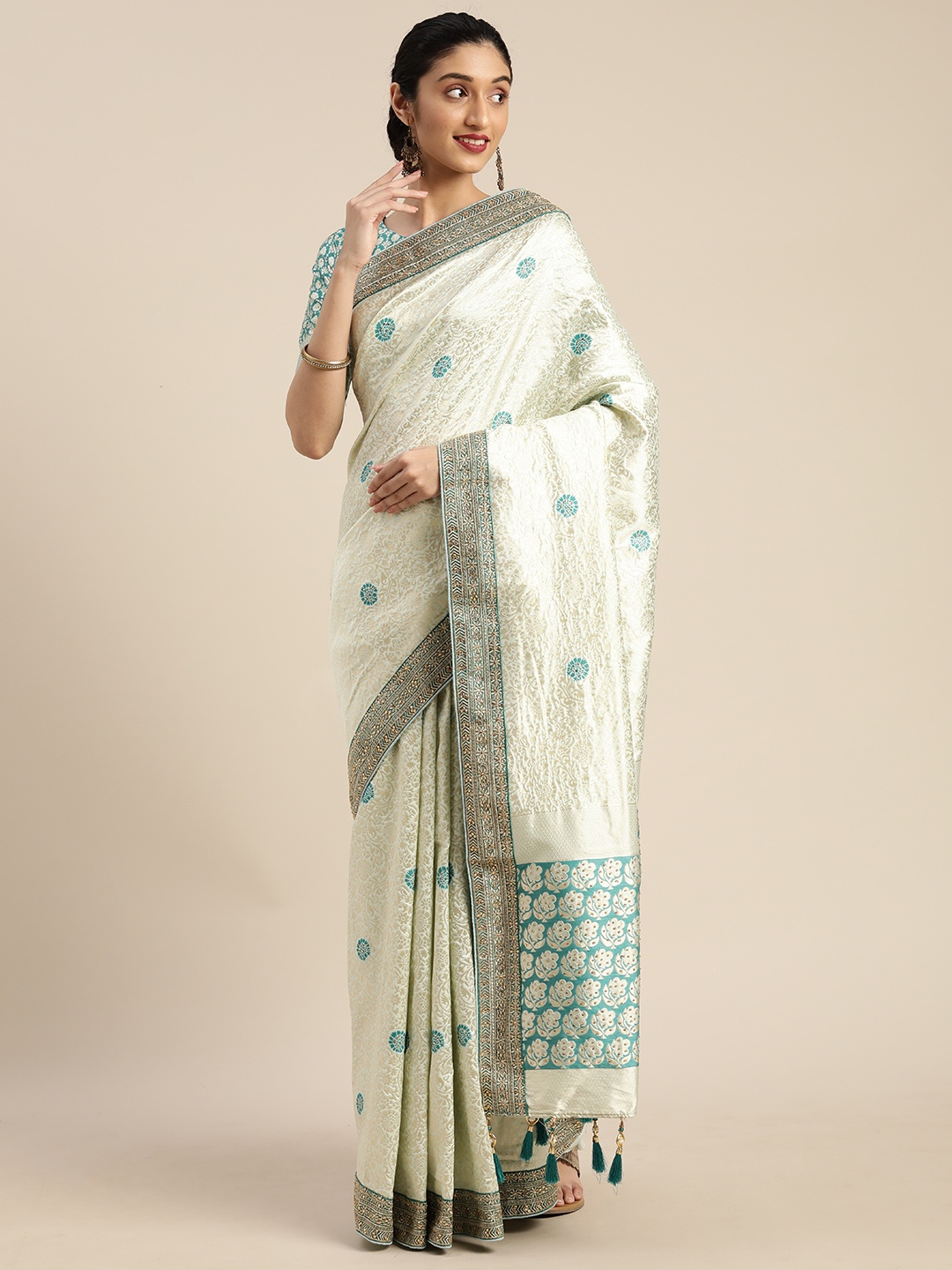 

Om Shantam Sarees Off-White & Teal Blue Art Silk Woven Design Banarasi Saree