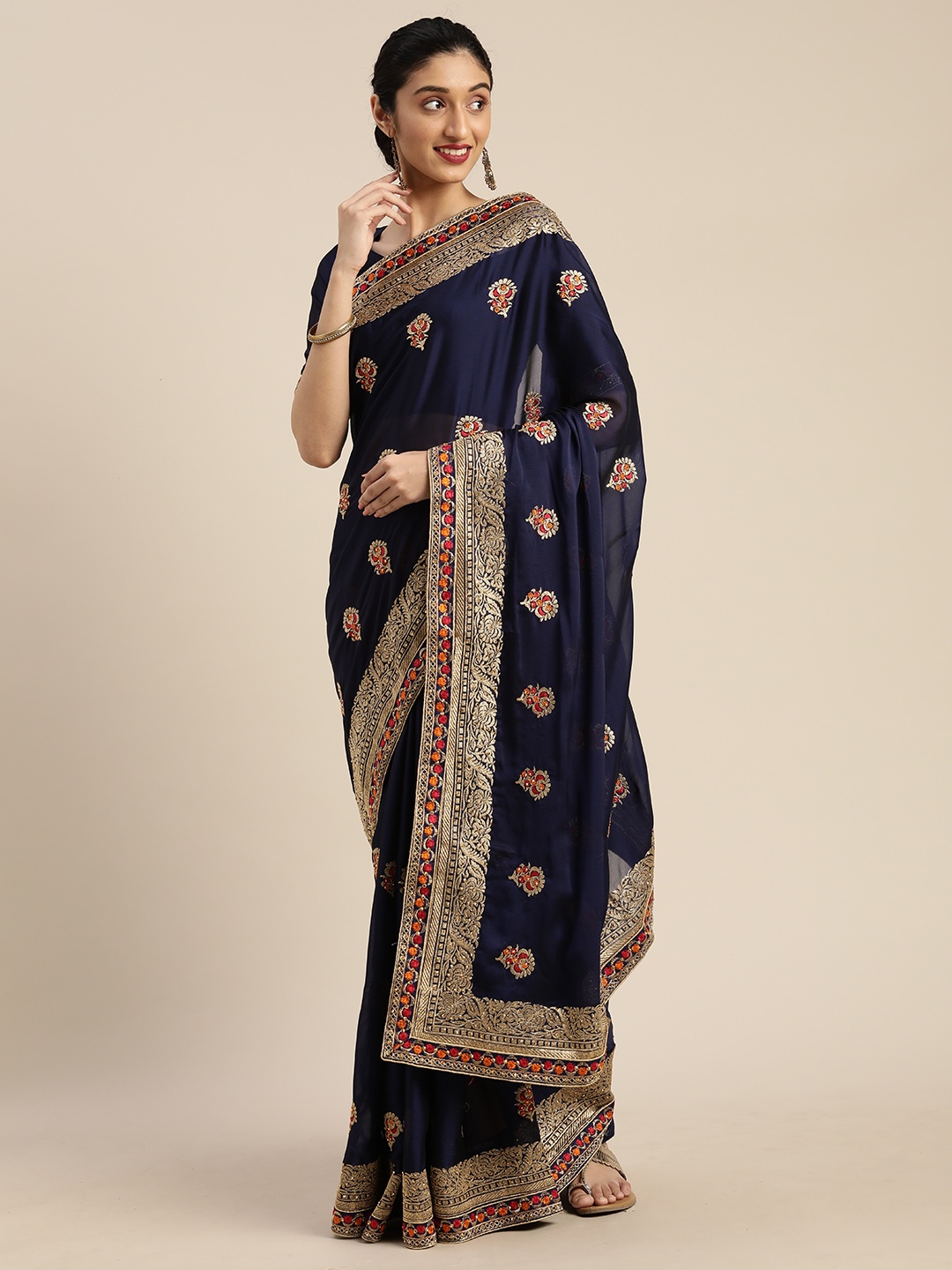 

Om Shantam Sarees Navy Blue & Gold-Toned Poly Crepe Embellished Saree