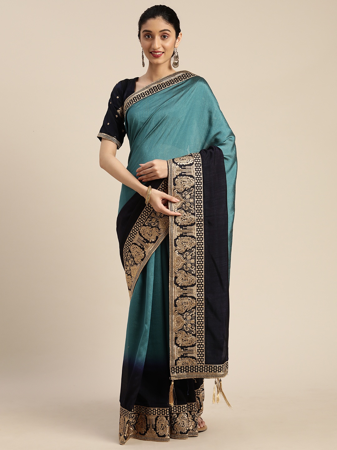 

Om Shantam Sarees Teal Blue Ombre Silk Blend Saree with Embroidered Border