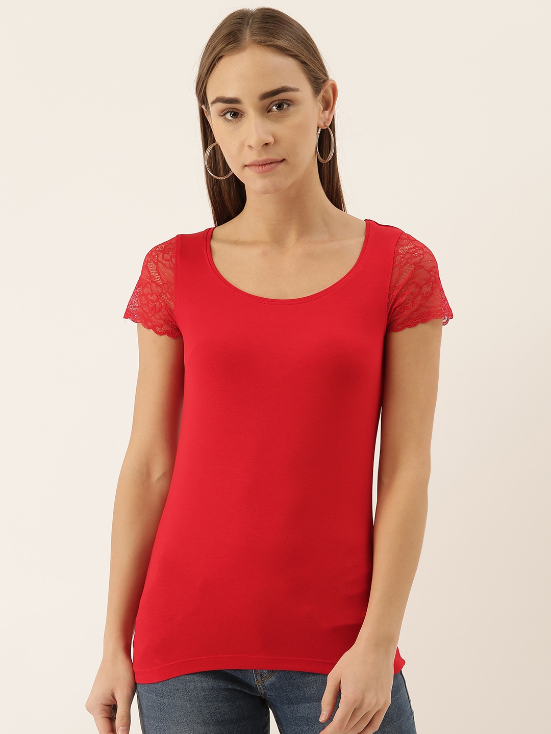 

zebu Women Red Slim Fit Solid Round Neck T-shirt with Lace Detailing