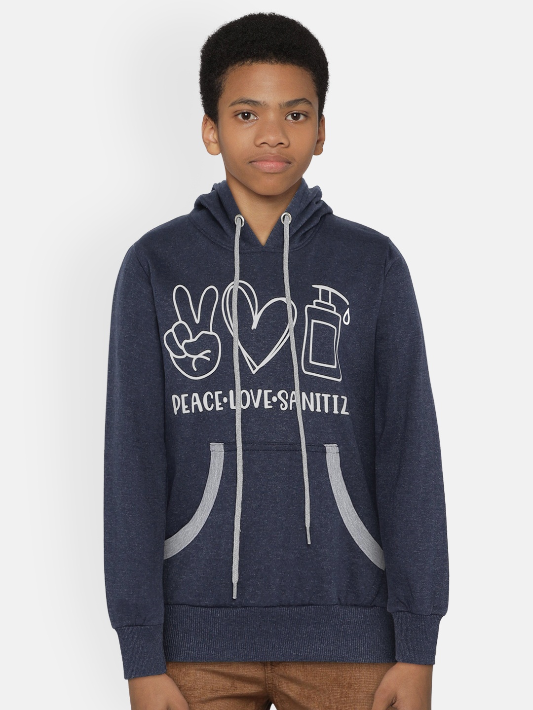 

dongli Boys Navy Blue Printed Hooded Sweatshirt