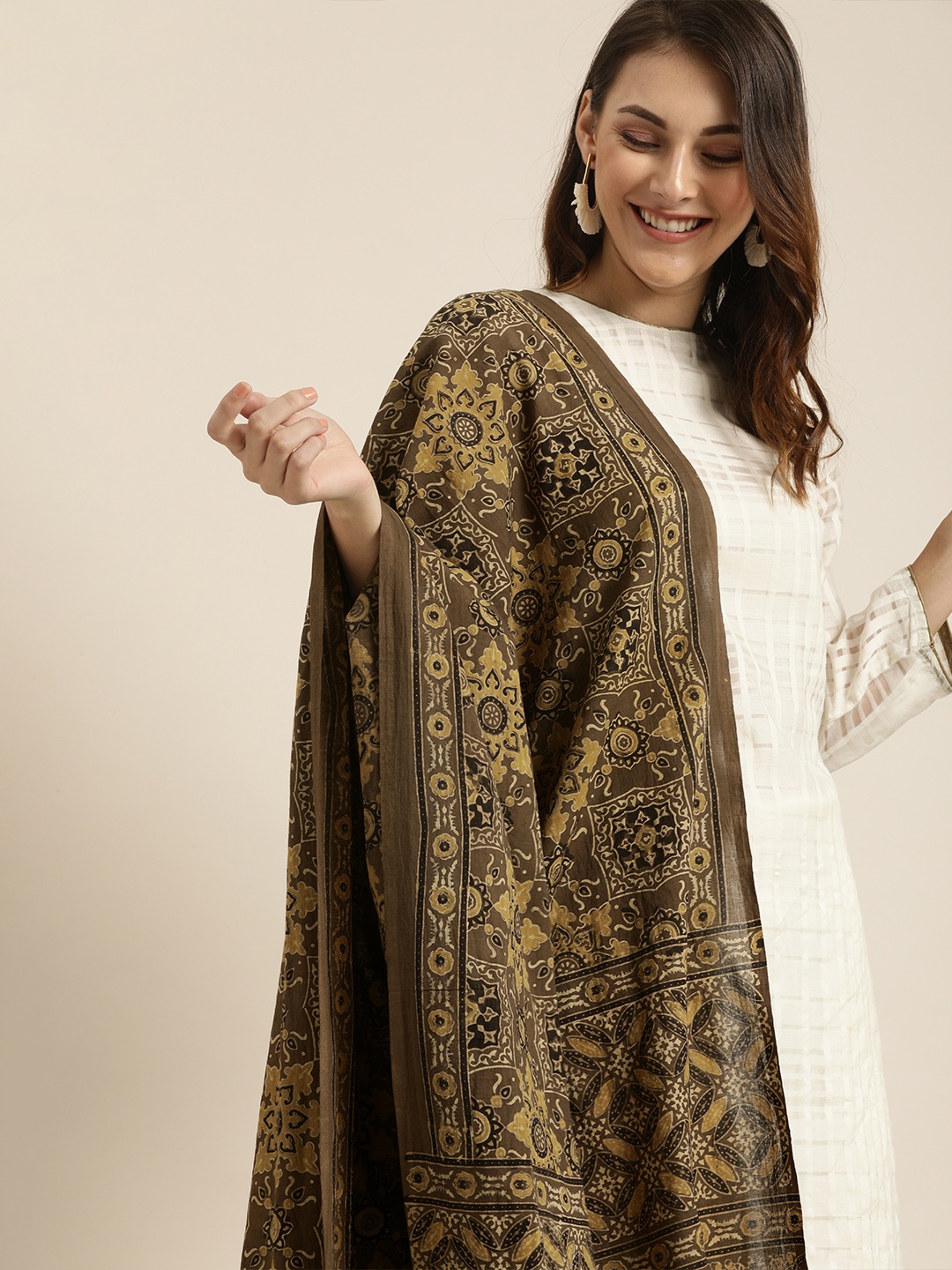 

Taavi Brown & Beige Ajrakh Hand Block Print Sustainable Cotton Dupatta