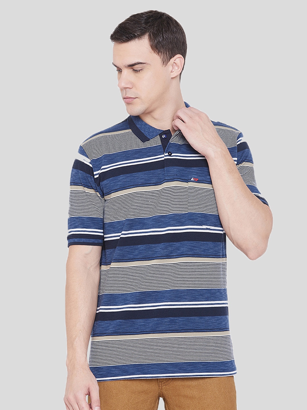 

NEVA Men Navy Blue & White Striped Polo Collar T-shirt