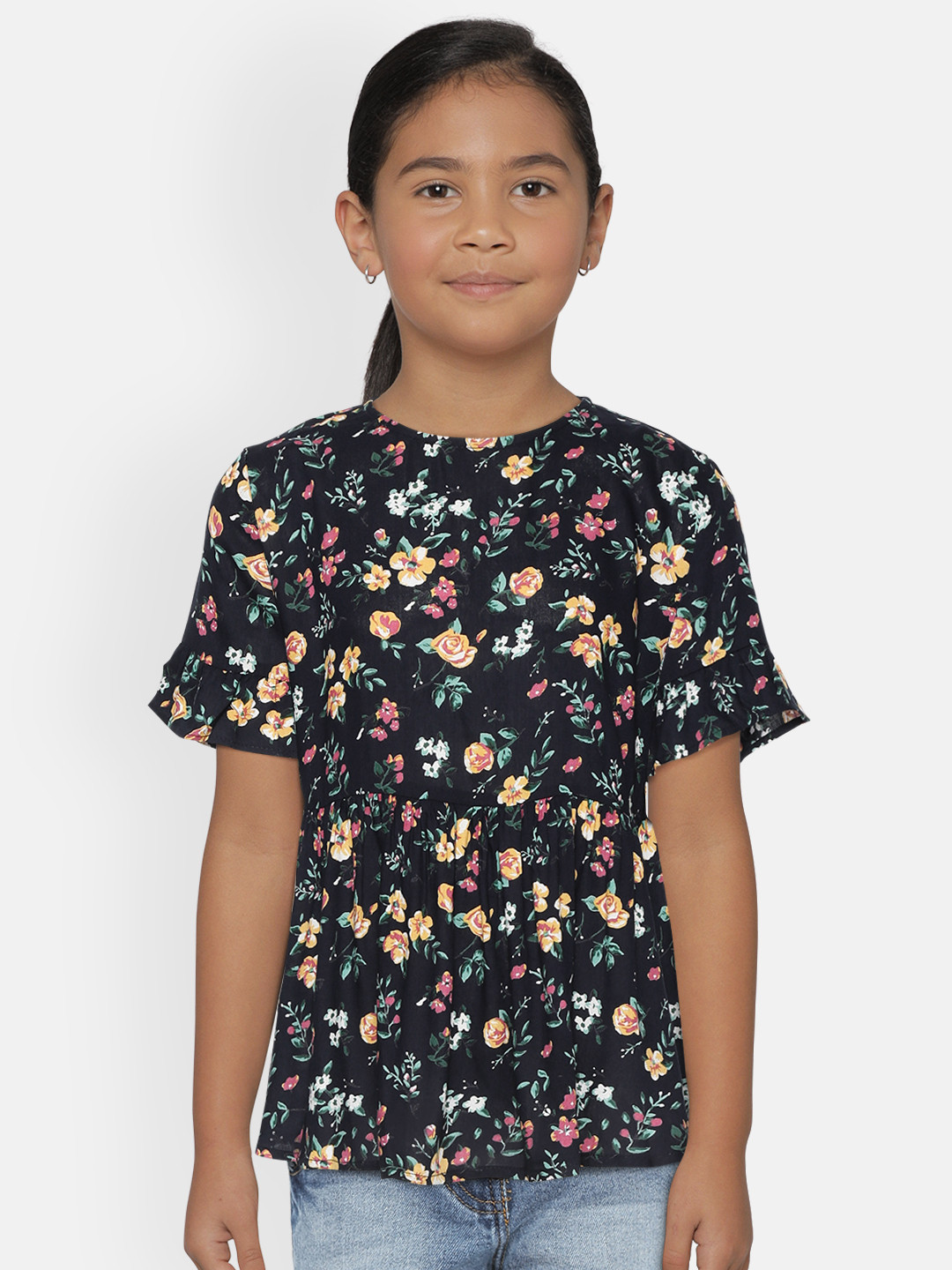 

YK Girls Navy Blue & Yellow Floral Print A-Line Top