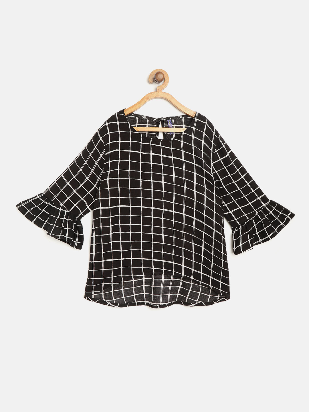 

YK Girls Black & White Checked High-Low Top with Bell Sleeves