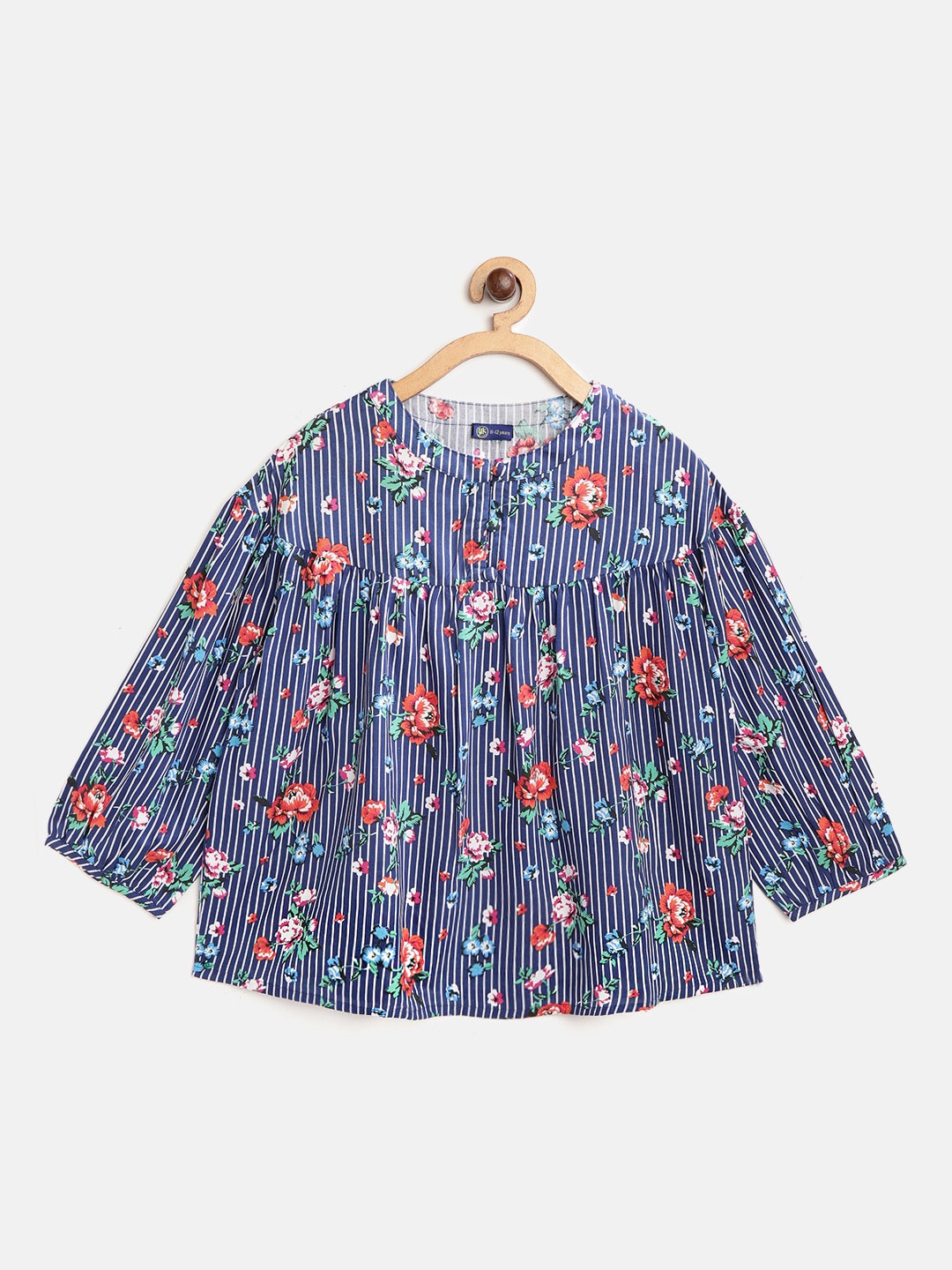 

YK Girls Navy Blue & Orange Striped Floral Print A-Line Top