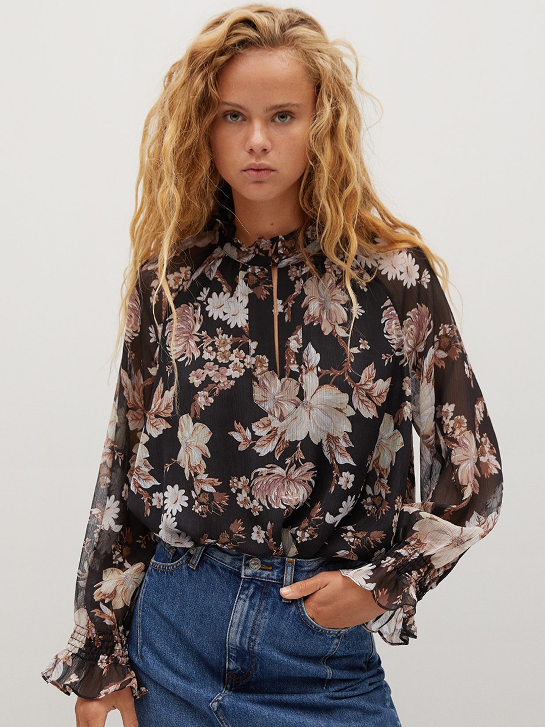 

MANGO Women Black & Beige Sustainable Floral Print Top