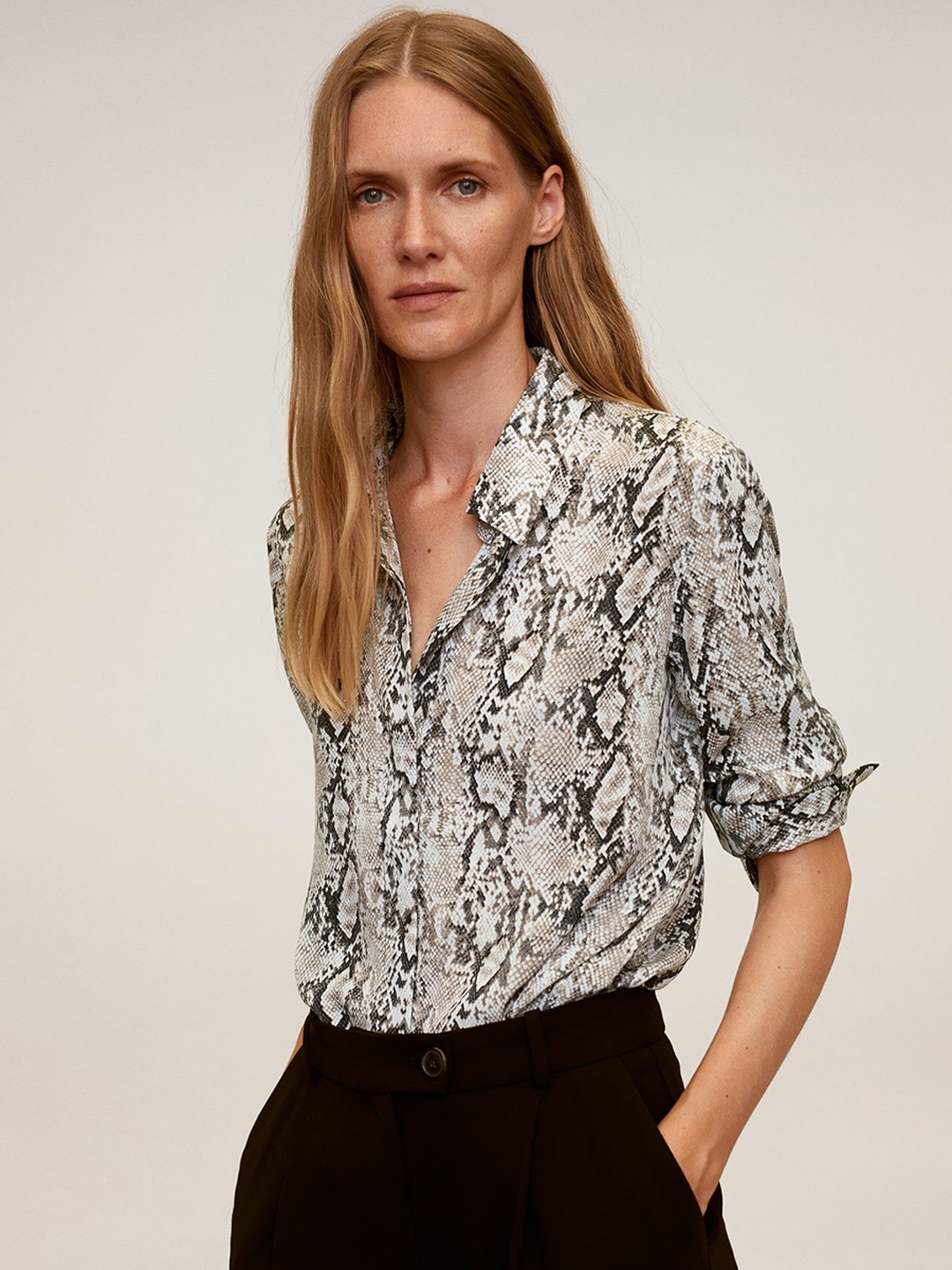

MANGO Women Off-White & Grey Sustainable Regular Fit Snakeskin Printed Casual Shirt