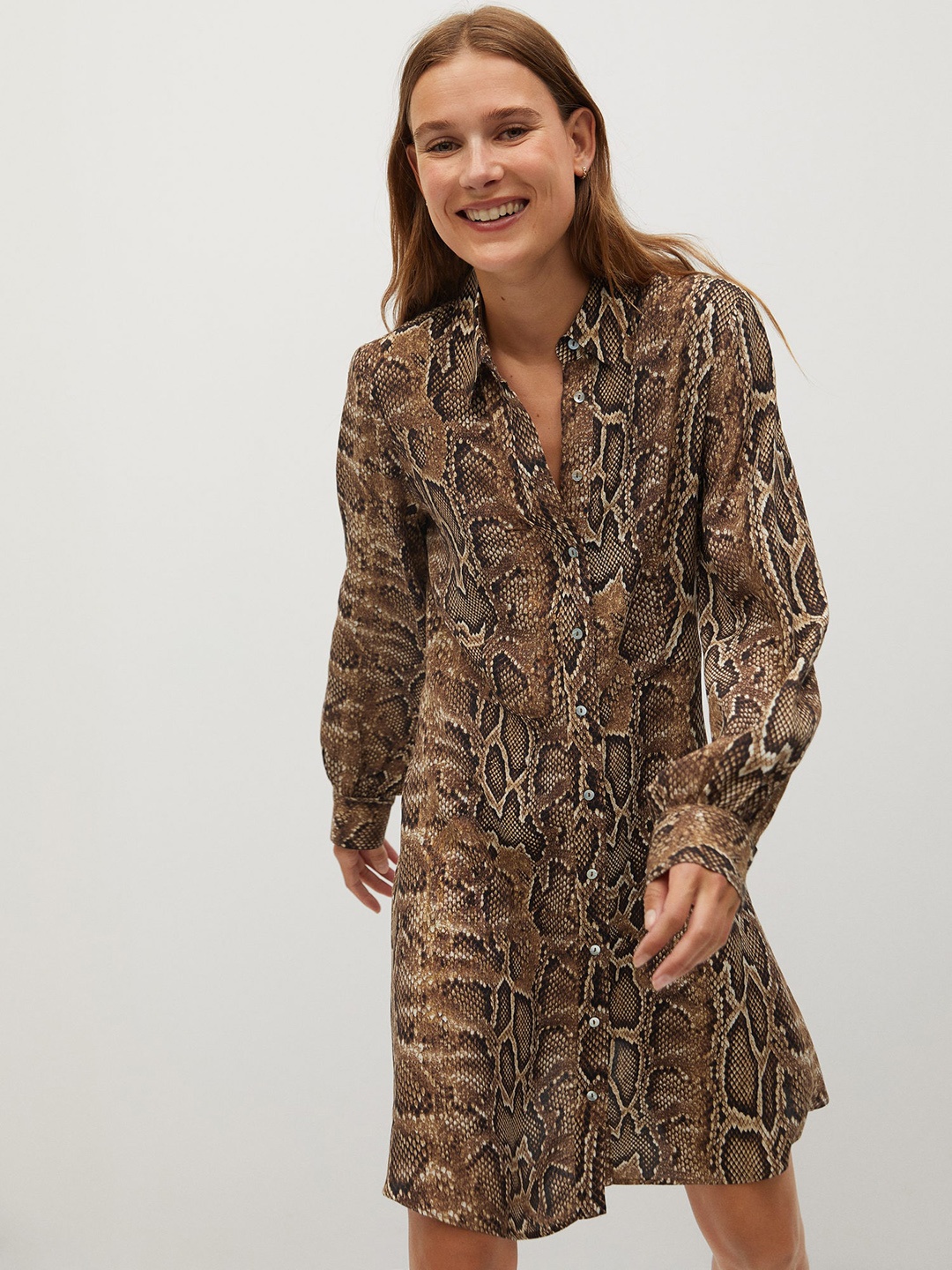 

MANGO Women Brown & Beige Snakeskin Print Shirt Dress