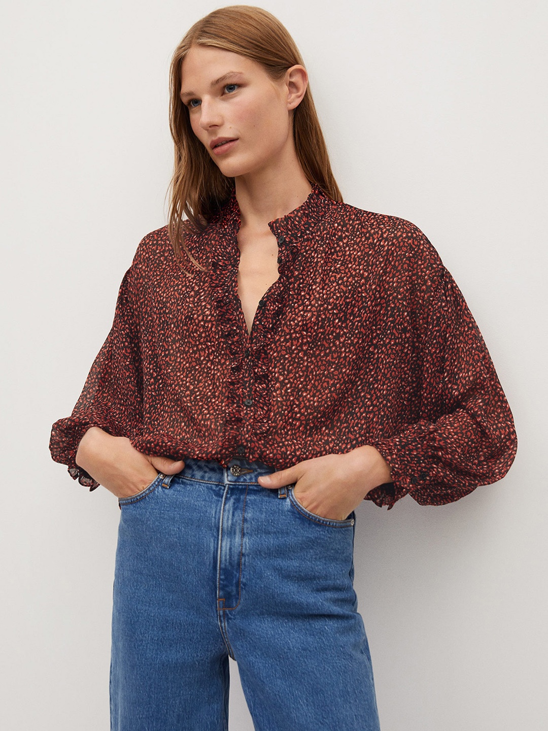 

MANGO Women Maroon & Black Abstract Printed Semi-Sheer Top