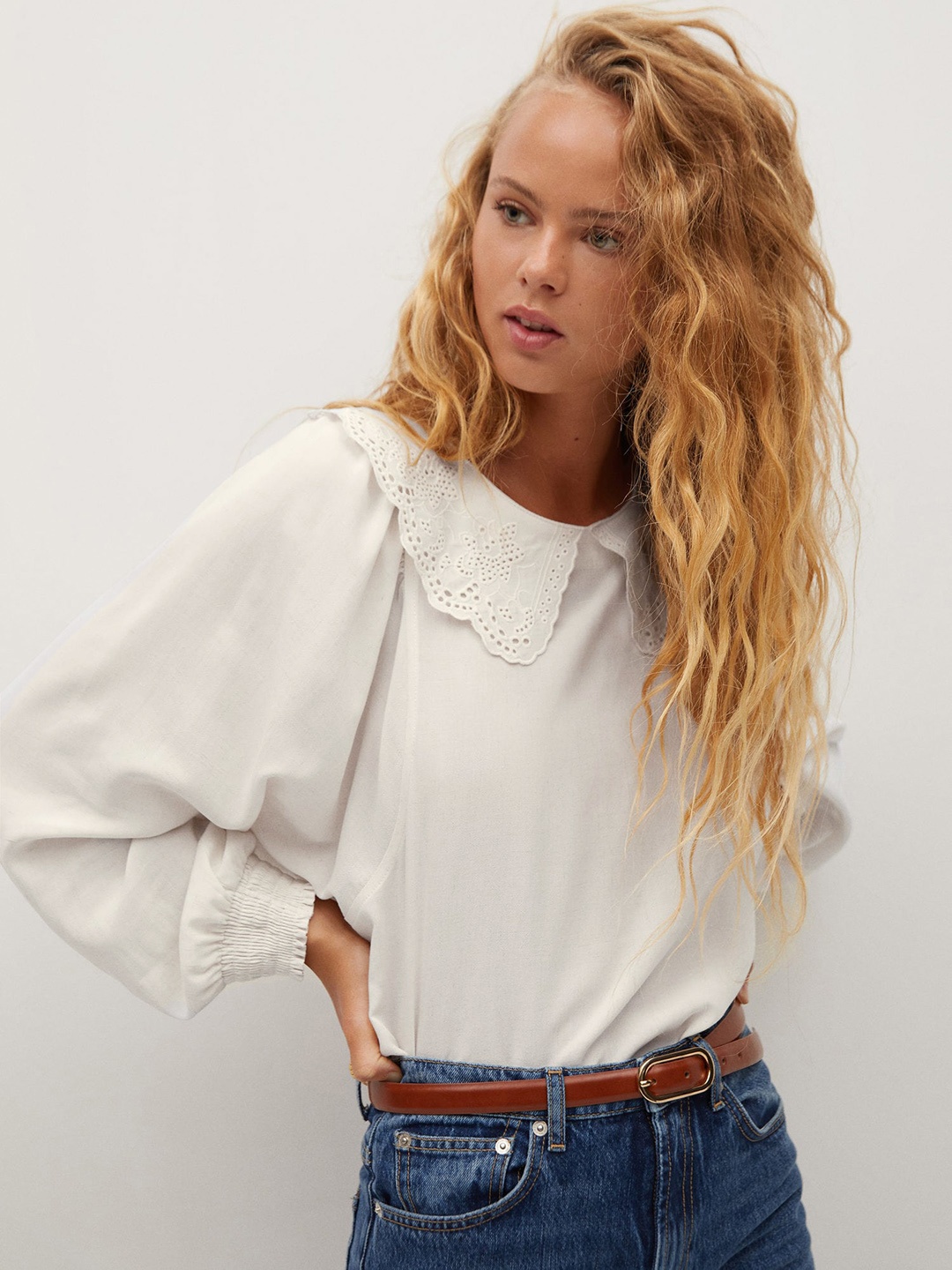 

MANGO Women Off-White Sustainable Solid Top with Puff Sleeves