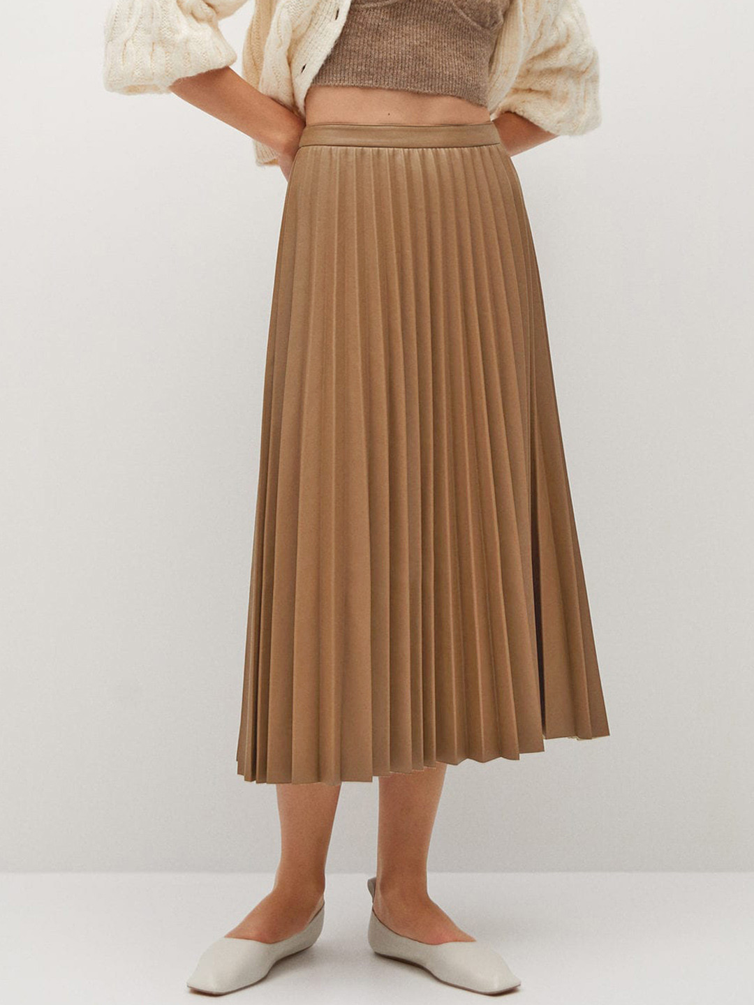 

MANGO Women Brown Solid Accrodion Pleated Flared Midi Skirt