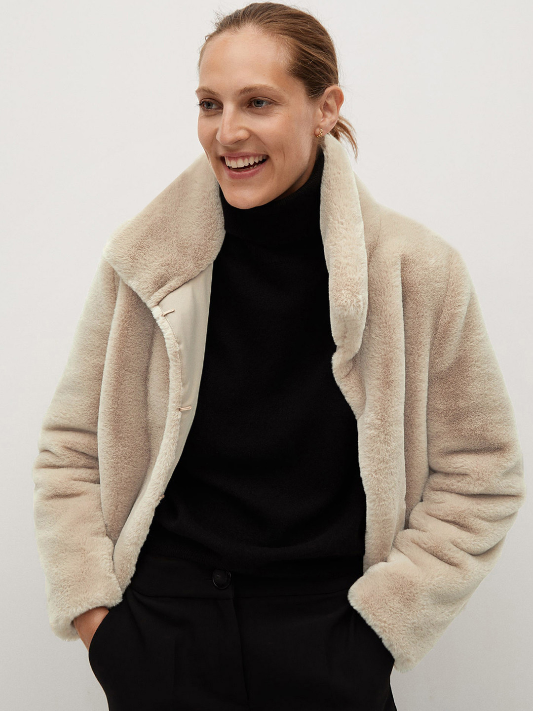 

MANGO Women Beige Faux Fur Solid Tailored Jacket