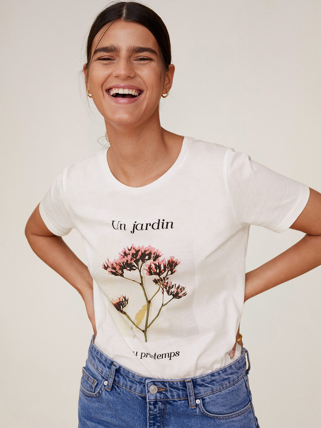 

MANGO Women White Pink Sustainable Organic Cotton Floral Print Round Neck Organic Cotton T-shirt