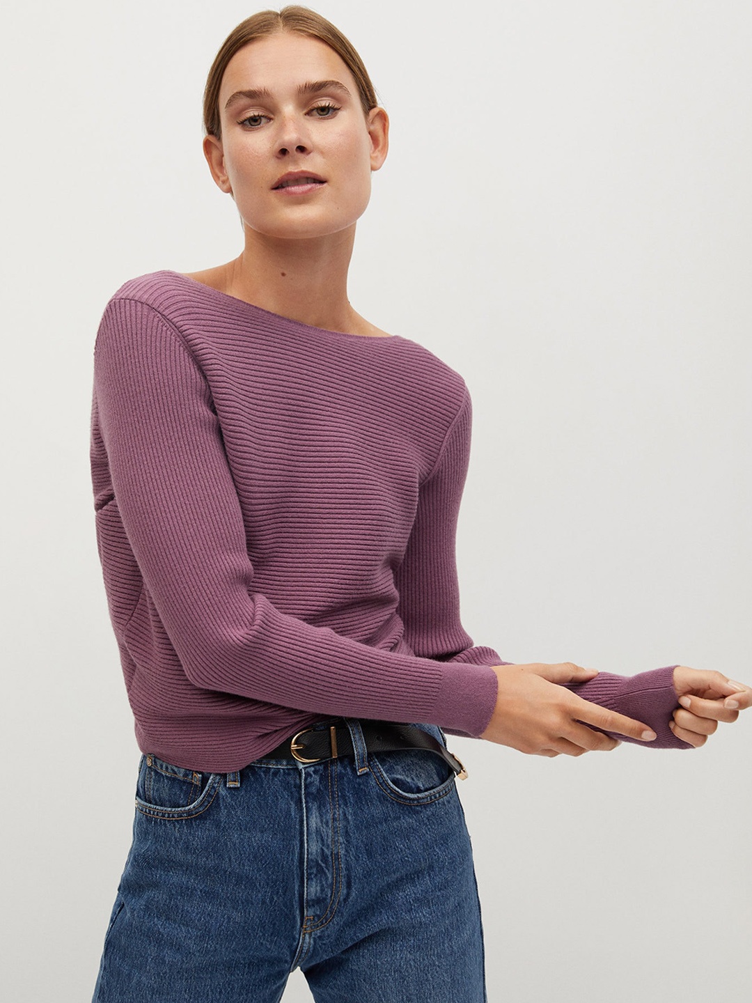 

MANGO Women Purple Ribbed Twisted Back Pullover