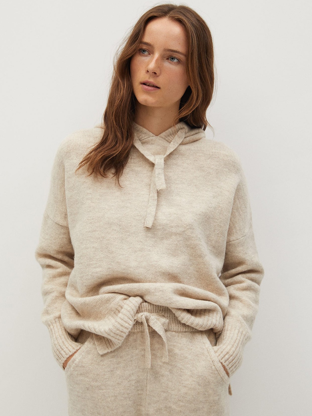 

MANGO Women Off-White Solid Hooded Pullover