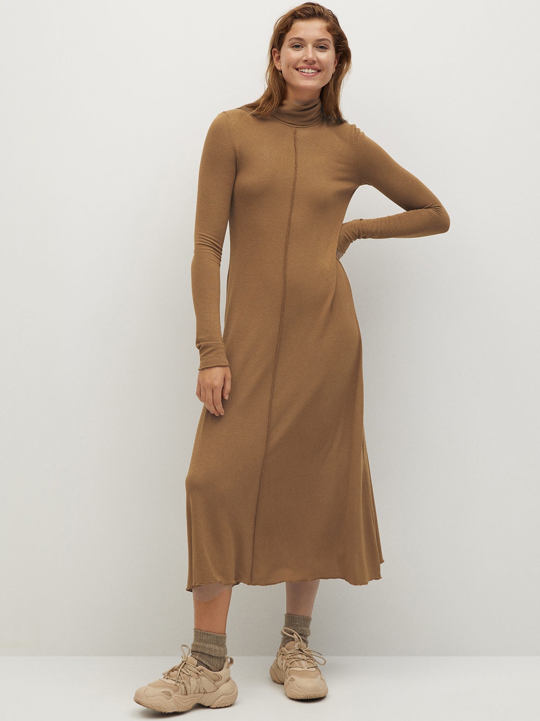 

MANGO Women Brown Turtle Neck Solid Maxi Dress, Beige