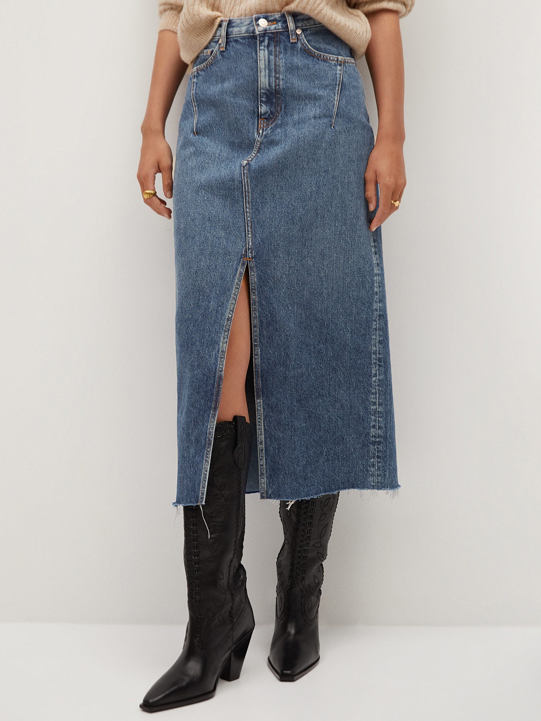 

MANGO Blue Sustainable Denim Front Slit Straight Skirt
