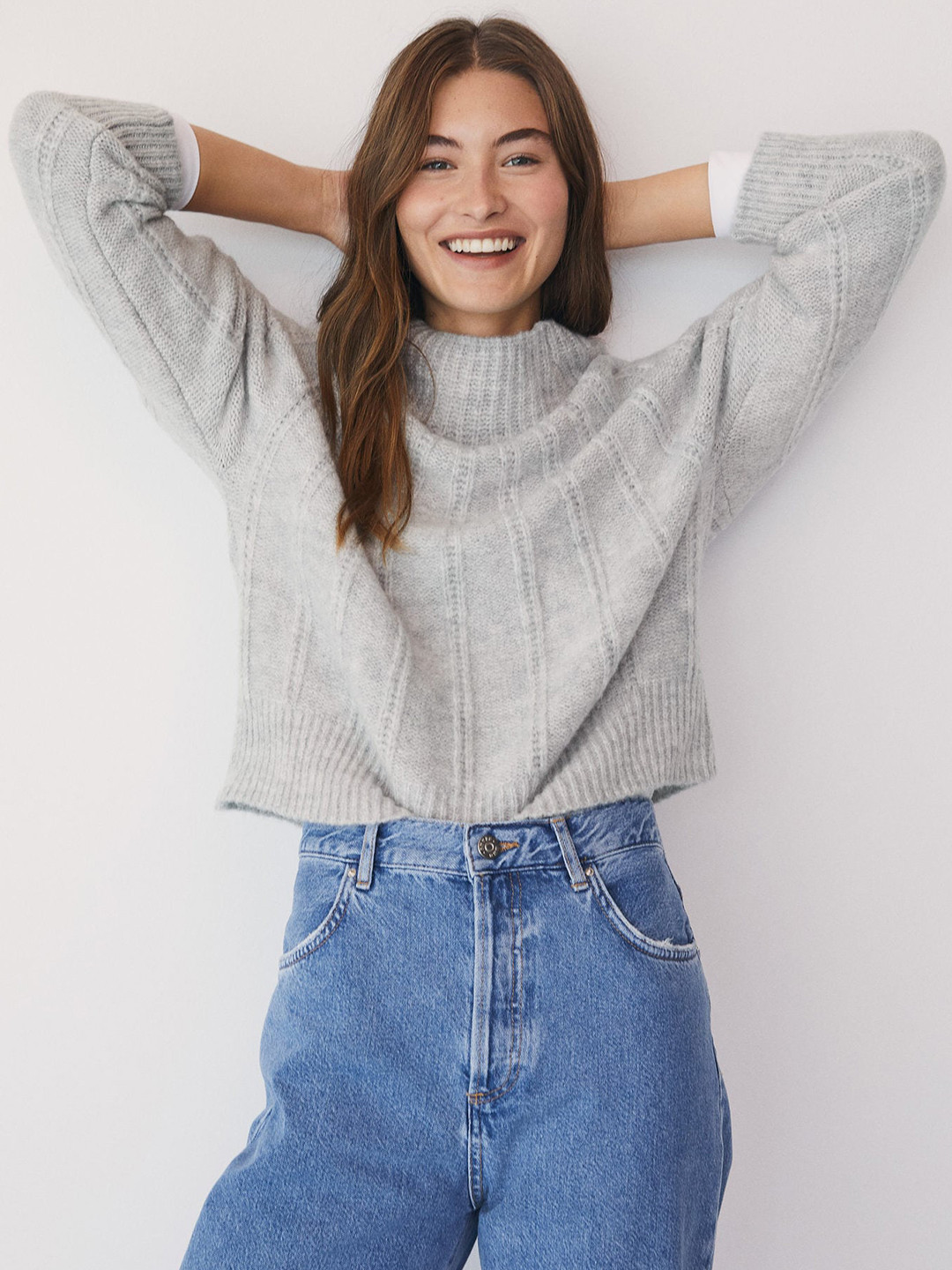 

MANGO Women Grey Self-Striped Pullover Sweater