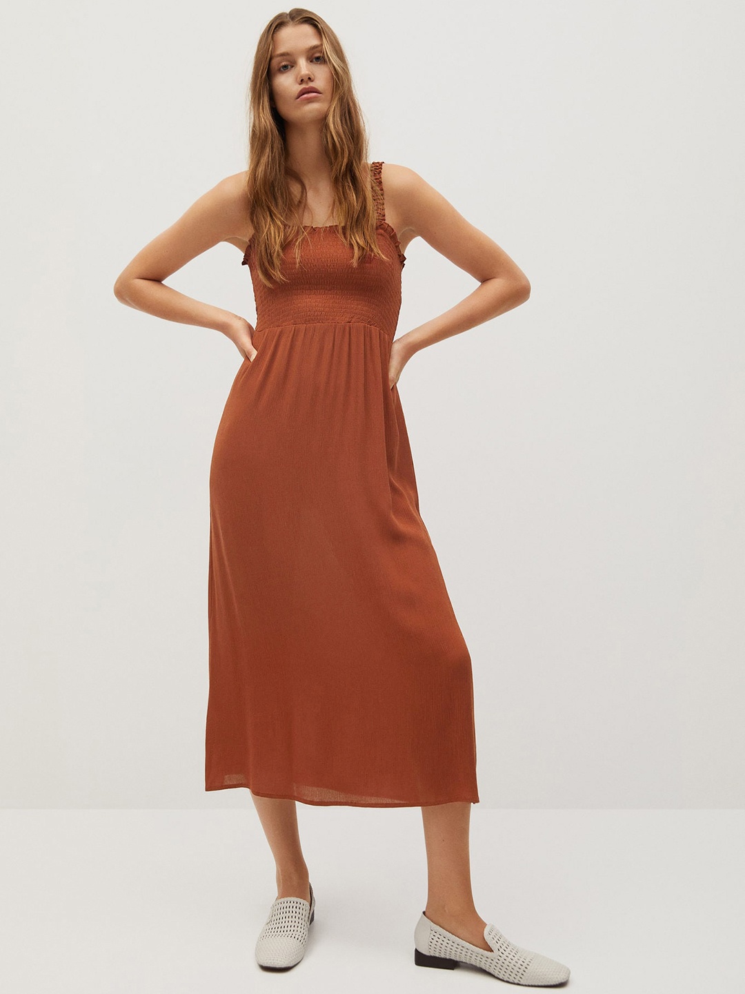 

MANGO Women Rust Brown Solid Smocked Midi A-Line Dress