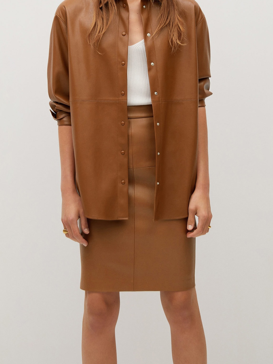 

MANGO Women Brown Solid Coated Pencil Skirt