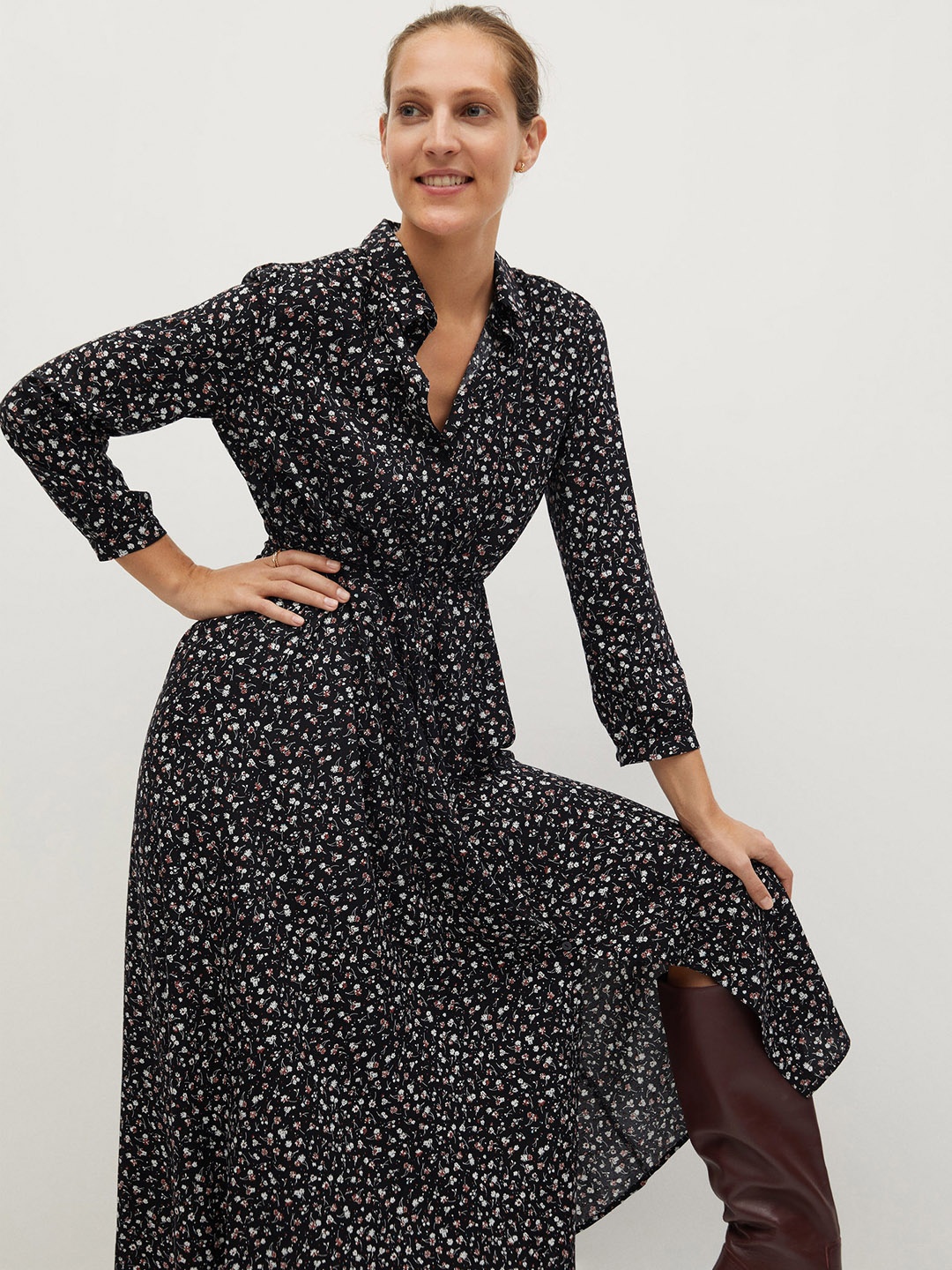 

MANGO Women Black & Off-White Sustainable Ditsy Floral Printed Midi Shirt Dress